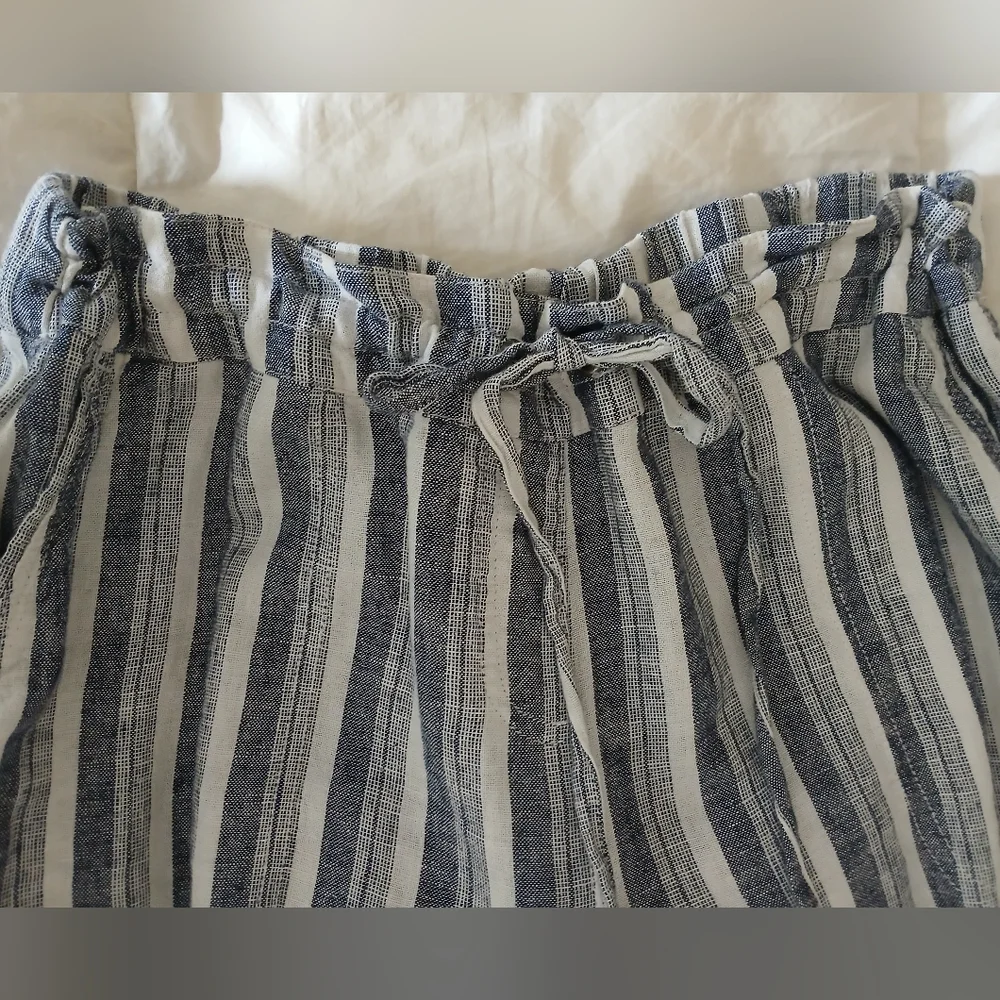 New. Linen/ Viscose Navy/white Striped Wide Straight Leg, Gather Elastic Waist - Picture 4 of 9